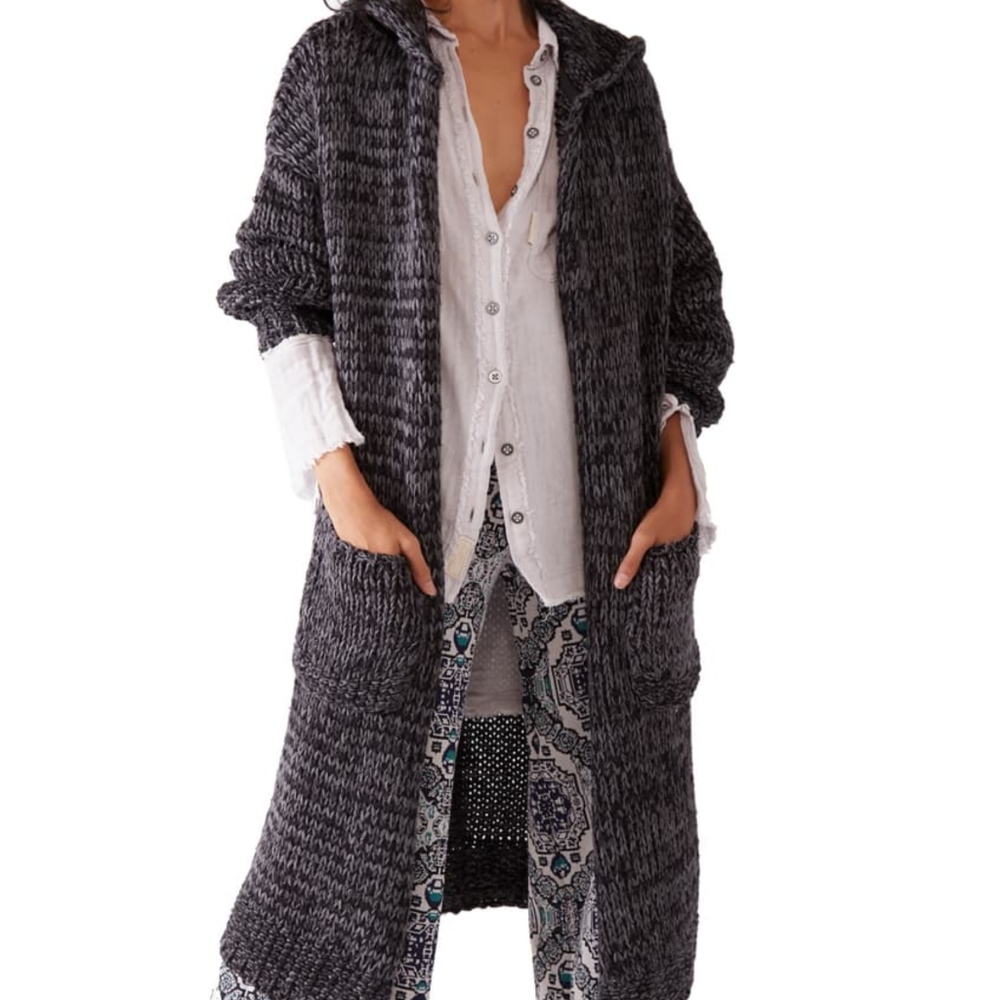 Free People Oversized Crofter Maxi Knit Cardigan Carbon Dust Color Sz Medium NWT - Picture 4 of 16